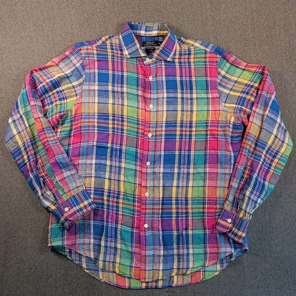 POLO RALPH LAUREN‎ Shirt Mens Large Sea Soft LINEN Plaid Button Up Long Sleeve